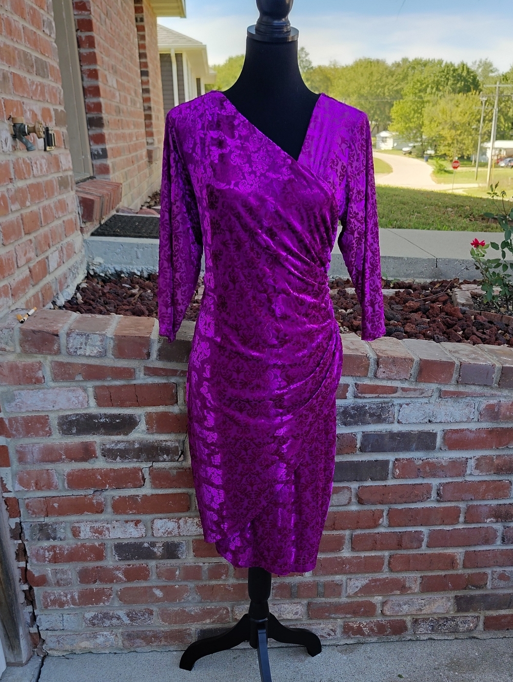 Roaman's Floral Burnout Velvet Wrap Cinched Midi Dress Size 14W Y2K Romantic
